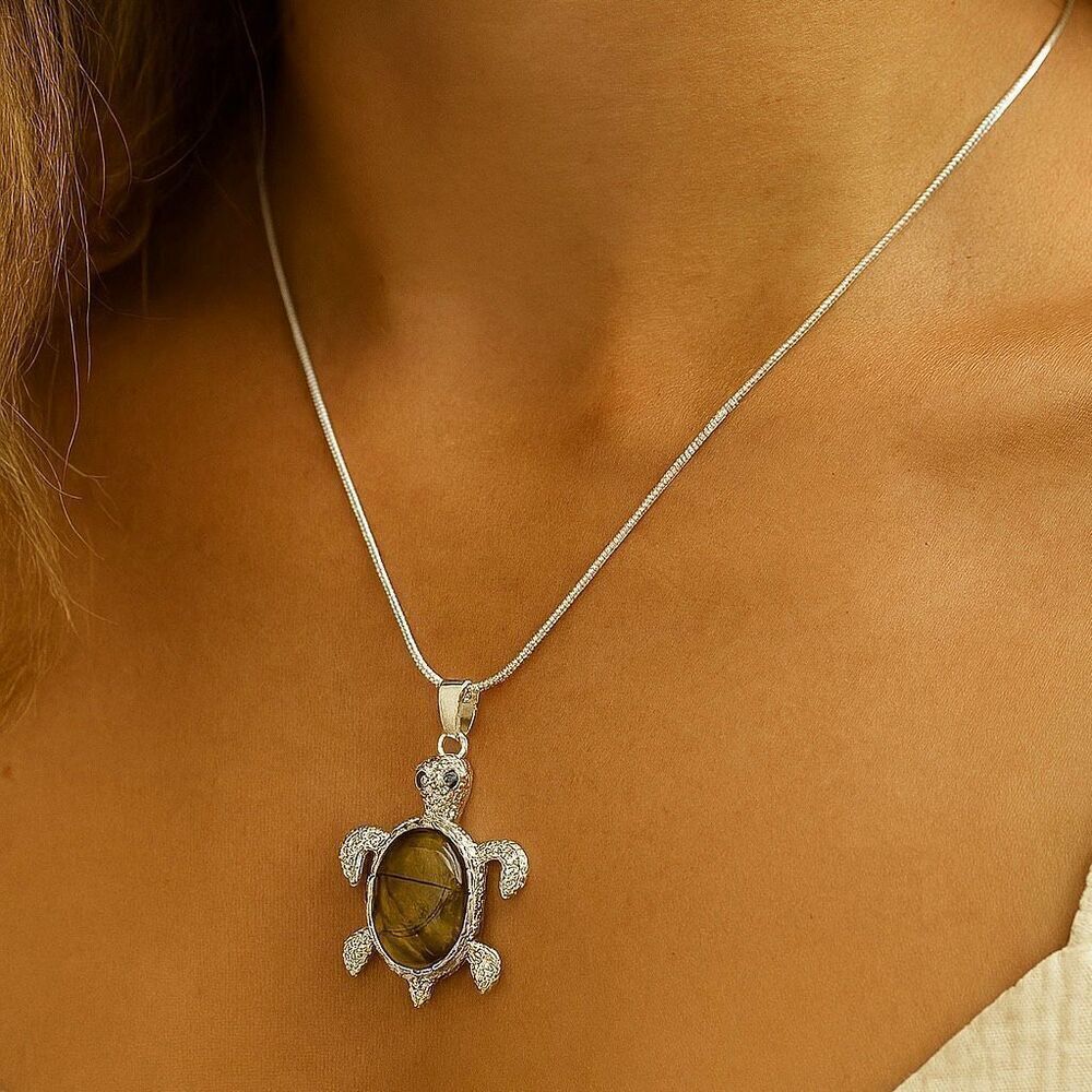 Handcrafted Silver Turtle Pendant Necklace Tiger’s Eye Gemstone Beach Theme Jewe